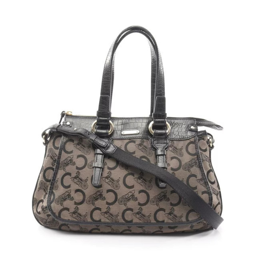 Celine C Macadam handbag canvas leather Beige Cream black